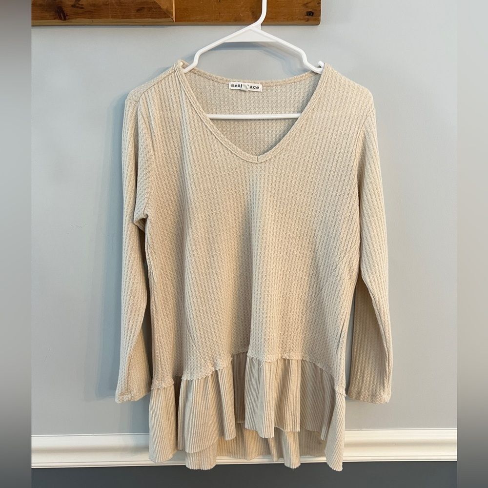 Waffle Knit Peplum Top Neutral Beige Size M